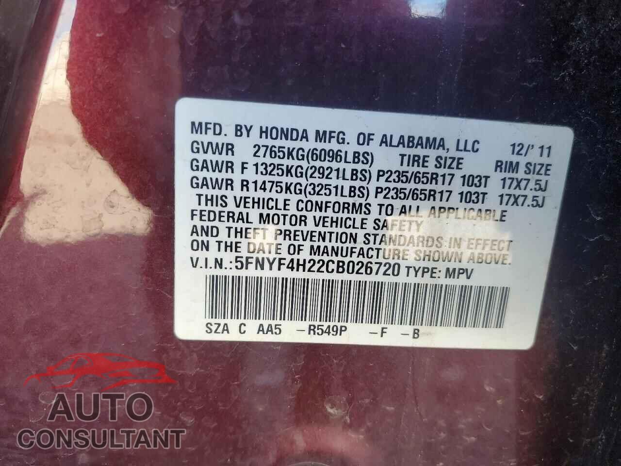 HONDA PILOT 2012 - 5FNYF4H22CB026720