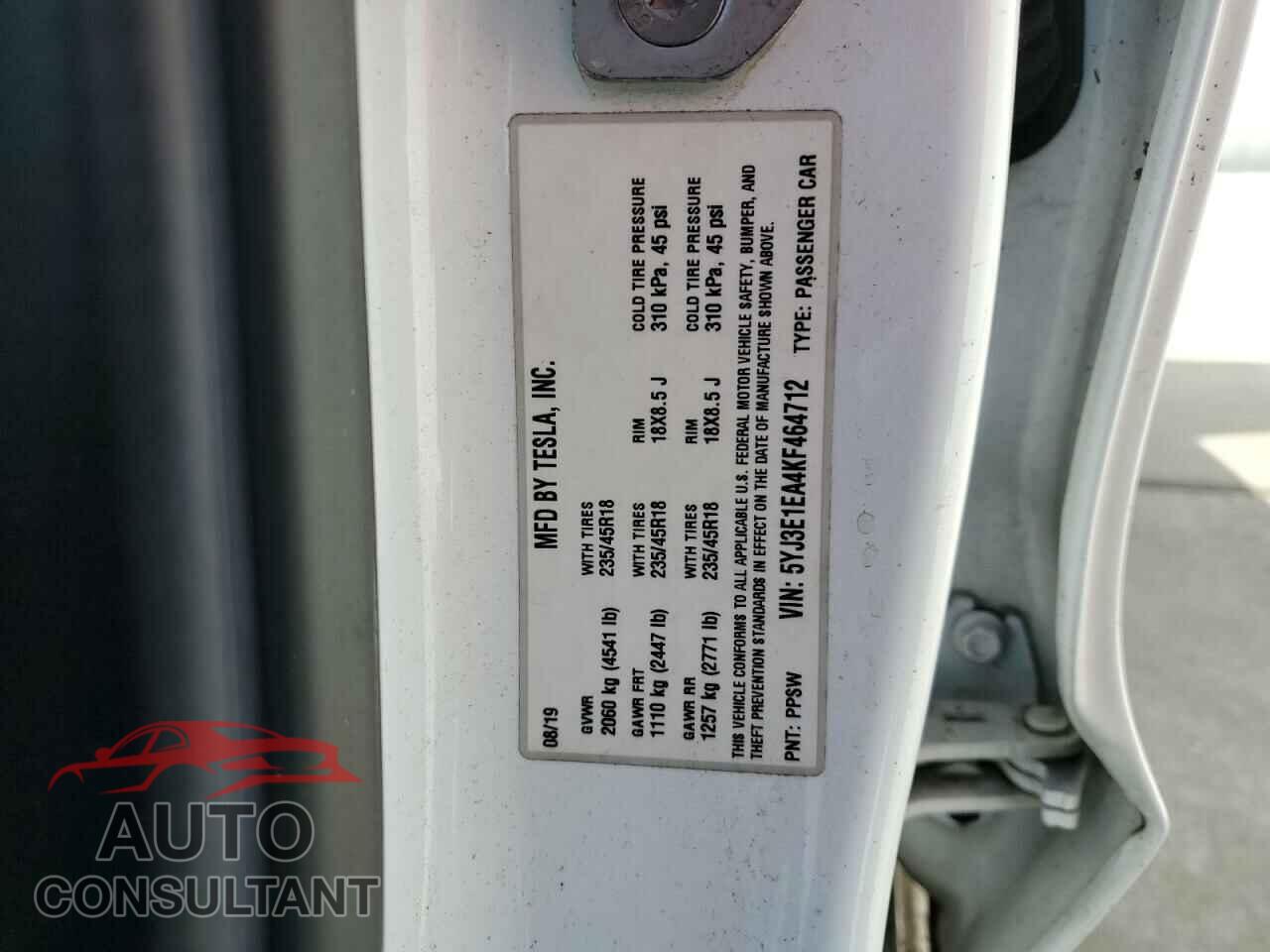 TESLA MODEL 3 2019 - 5YJ3E1EA4KF464712