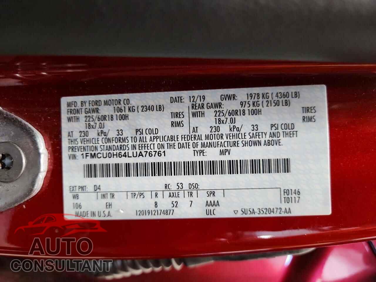 FORD ESCAPE 2020 - 1FMCU0H64LUA76761