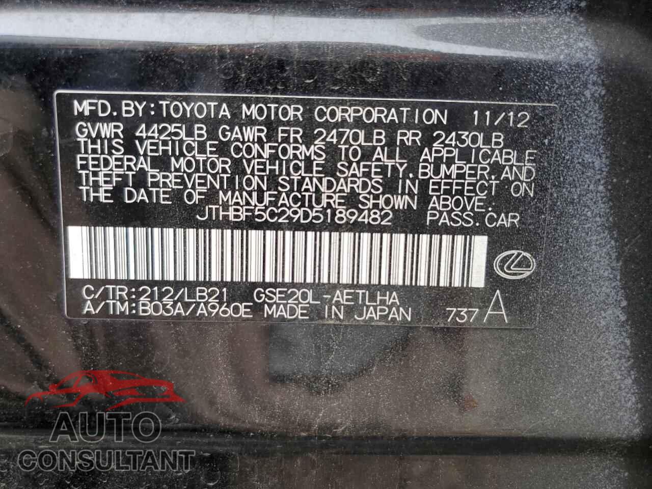 LEXUS IS 2013 - JTHBF5C29D5189482