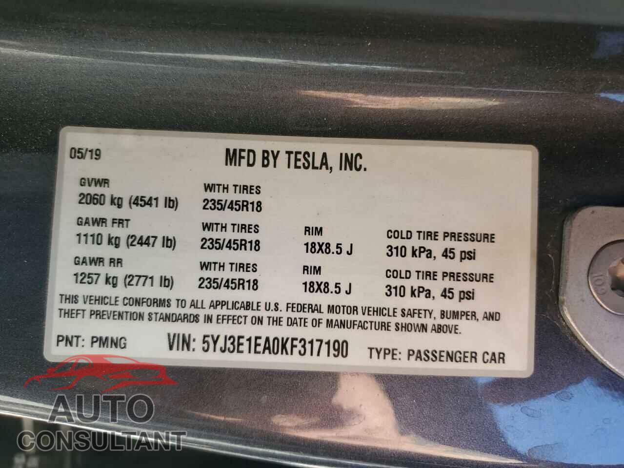 TESLA MODEL 3 2019 - 5YJ3E1EA0KF317190