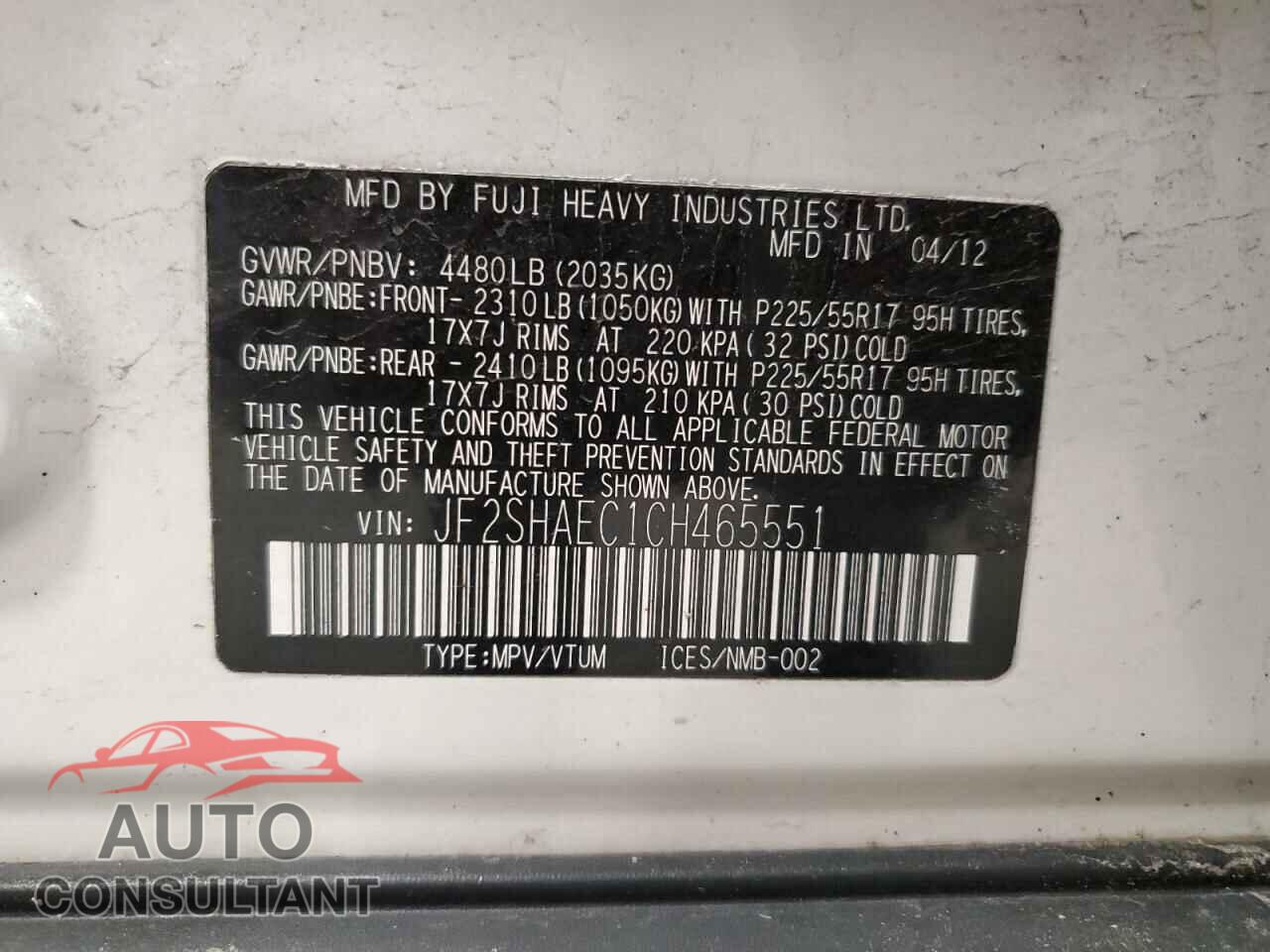 SUBARU FORESTER 2012 - JF2SHAEC1CH465551