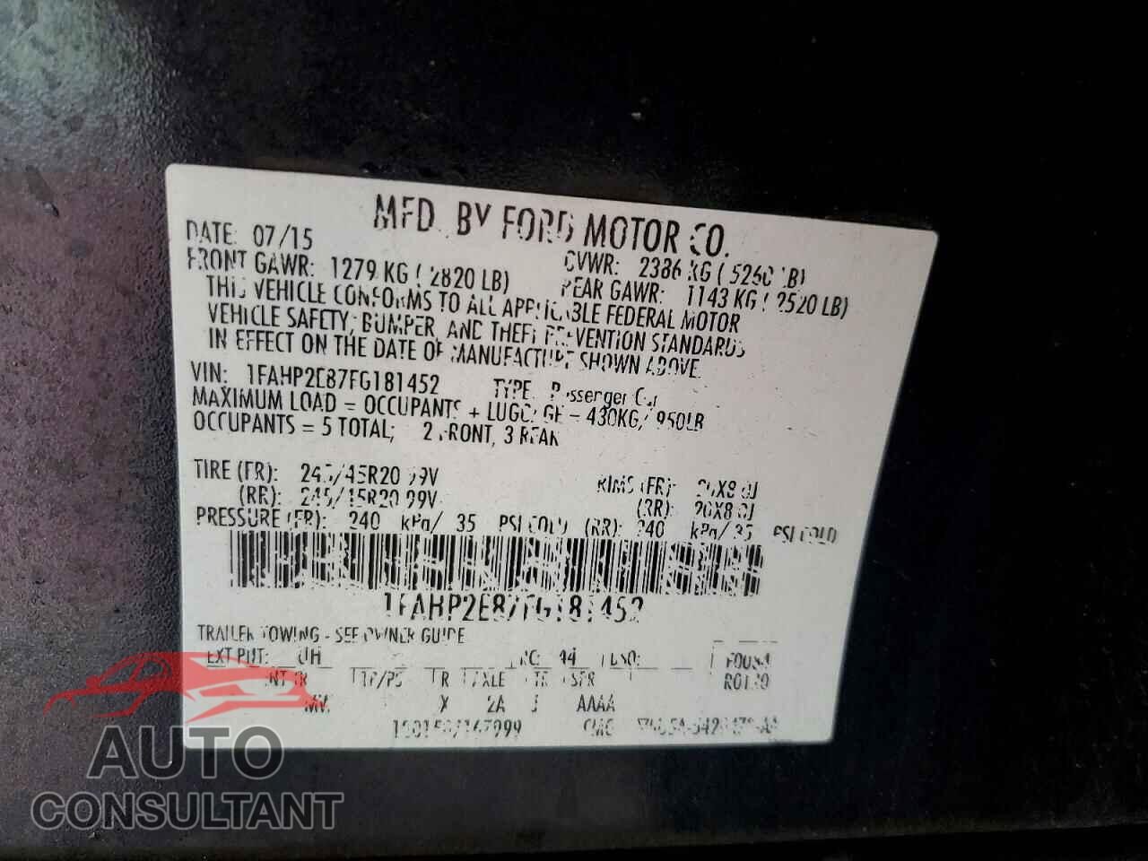 FORD TAURUS 2015 - 1FAHP2E87FG181452
