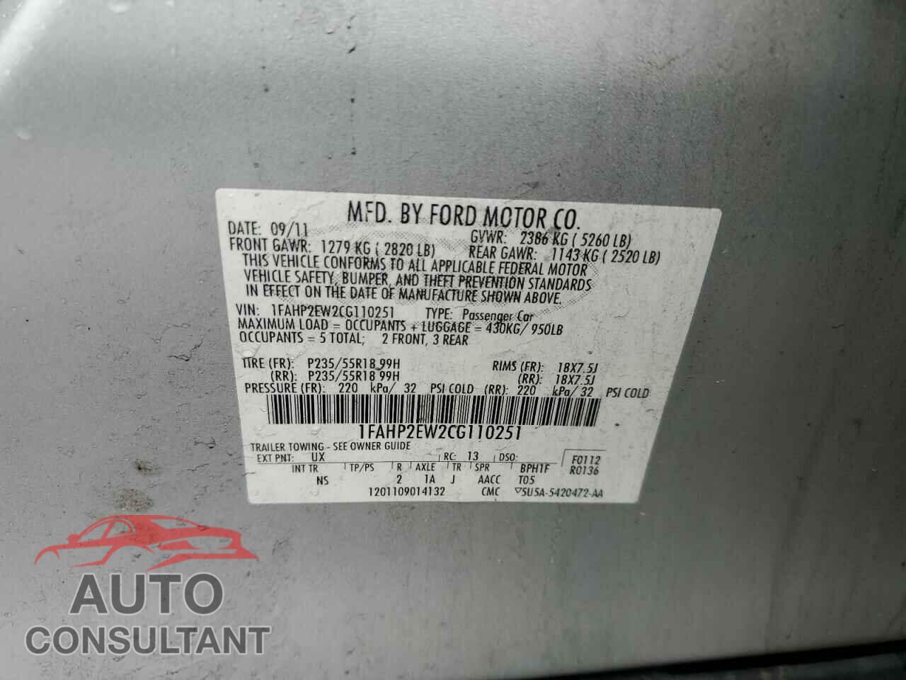 FORD TAURUS 2012 - 1FAHP2EW2CG110251