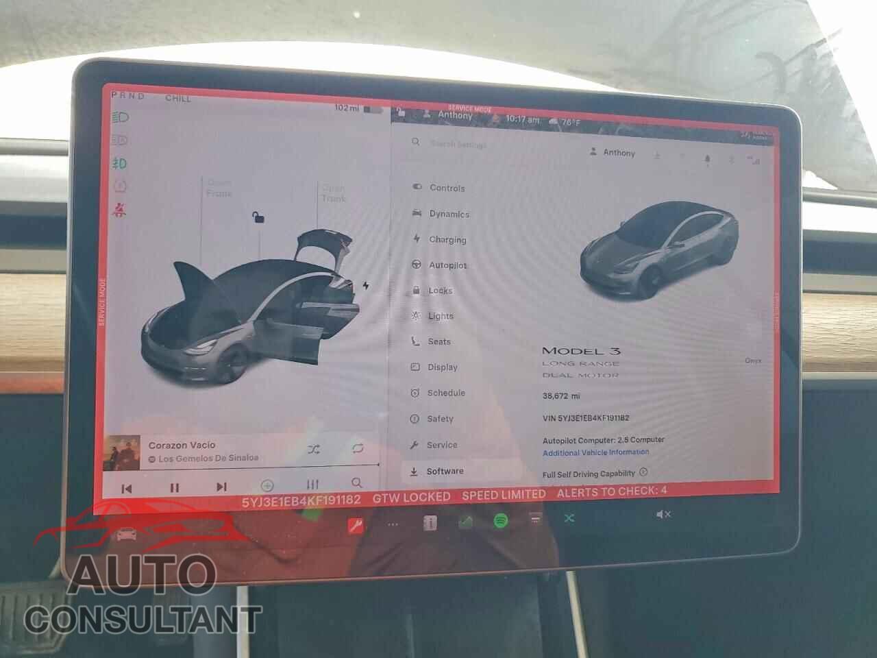 TESLA MODEL 3 2019 - 5YJ3E1EB4KF191182
