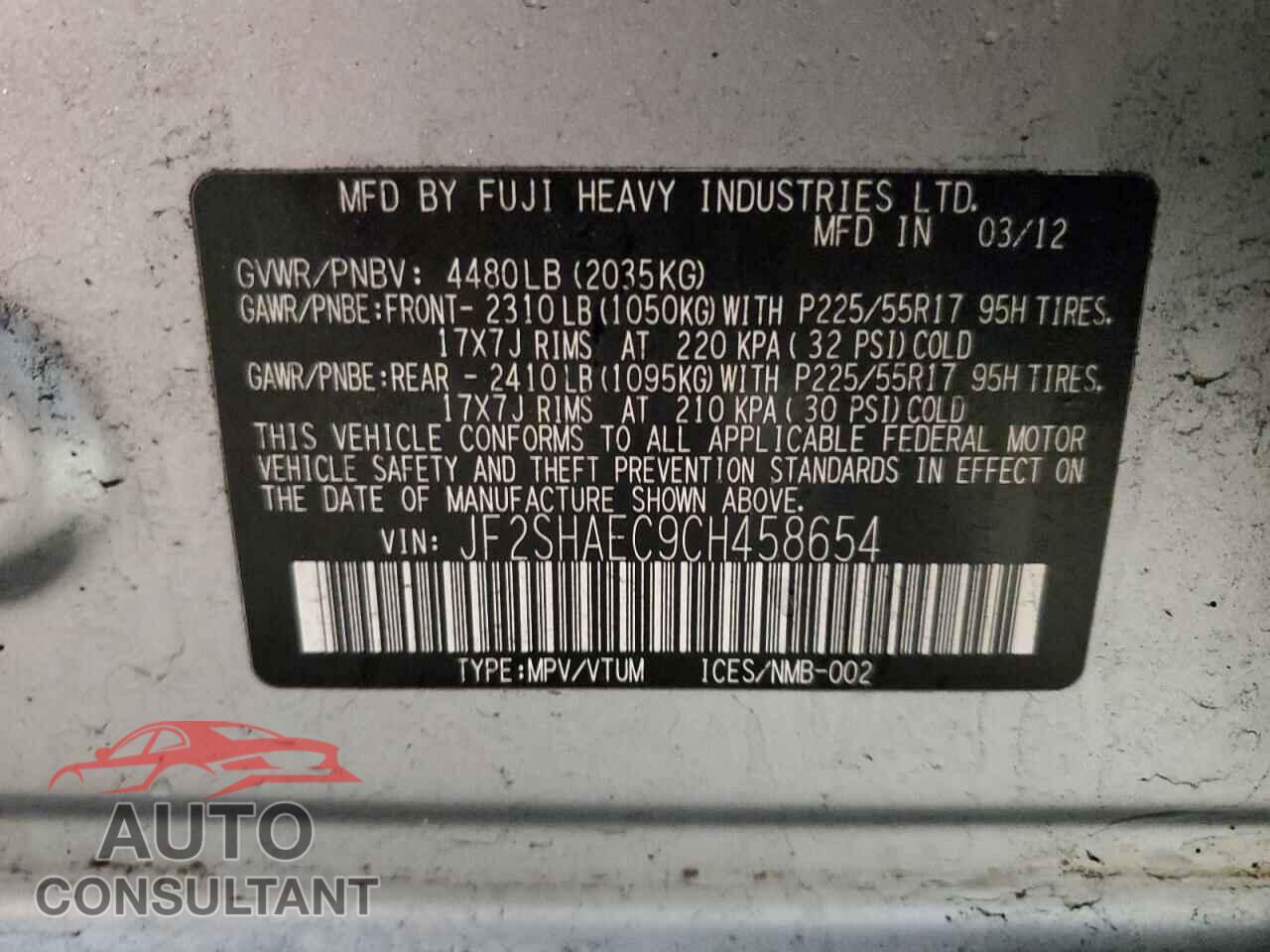SUBARU FORESTER 2012 - JF2SHAEC9CH458654