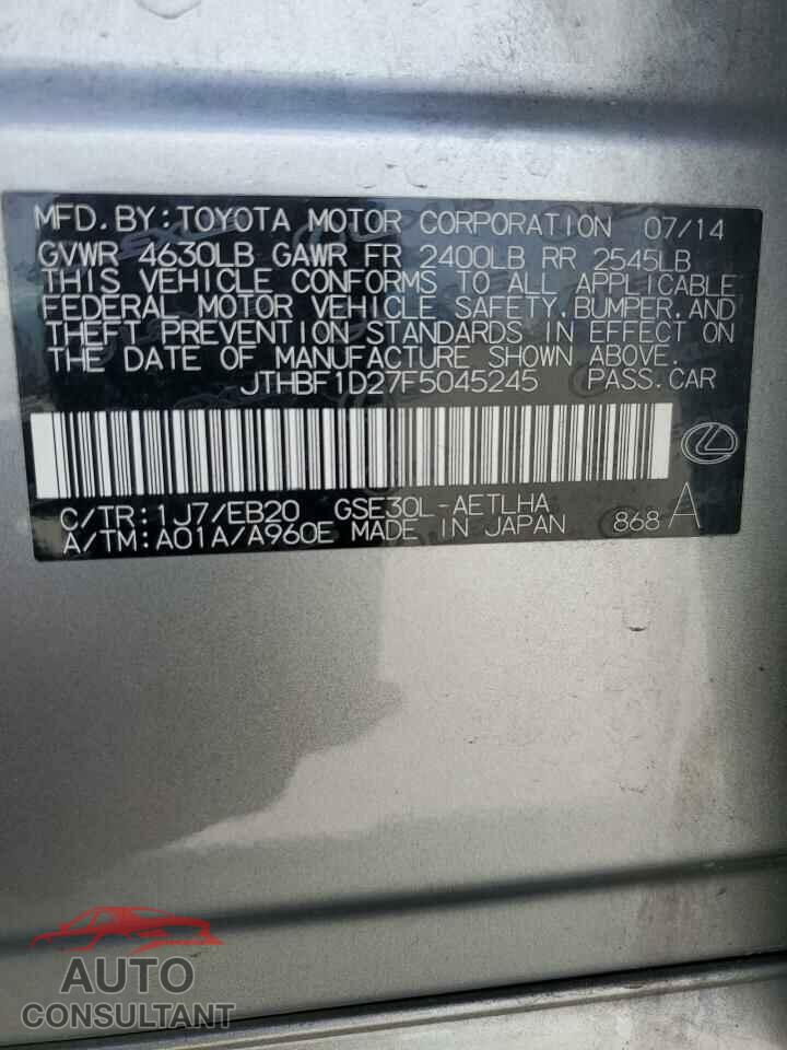 LEXUS IS 2015 - JTHBF1D27F5045245