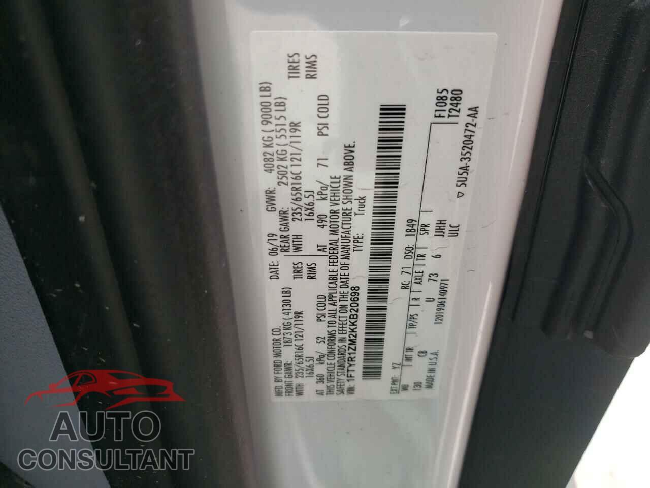 FORD TRANSIT CO 2019 - 1FTYR1ZM2KKB20698