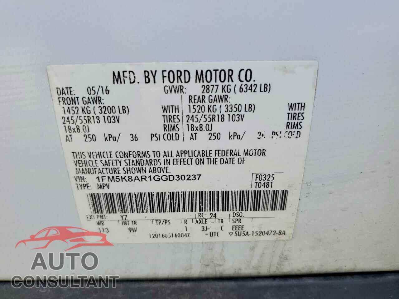 FORD EXPLORER 2016 - 1FM5K8AR1GGD30237