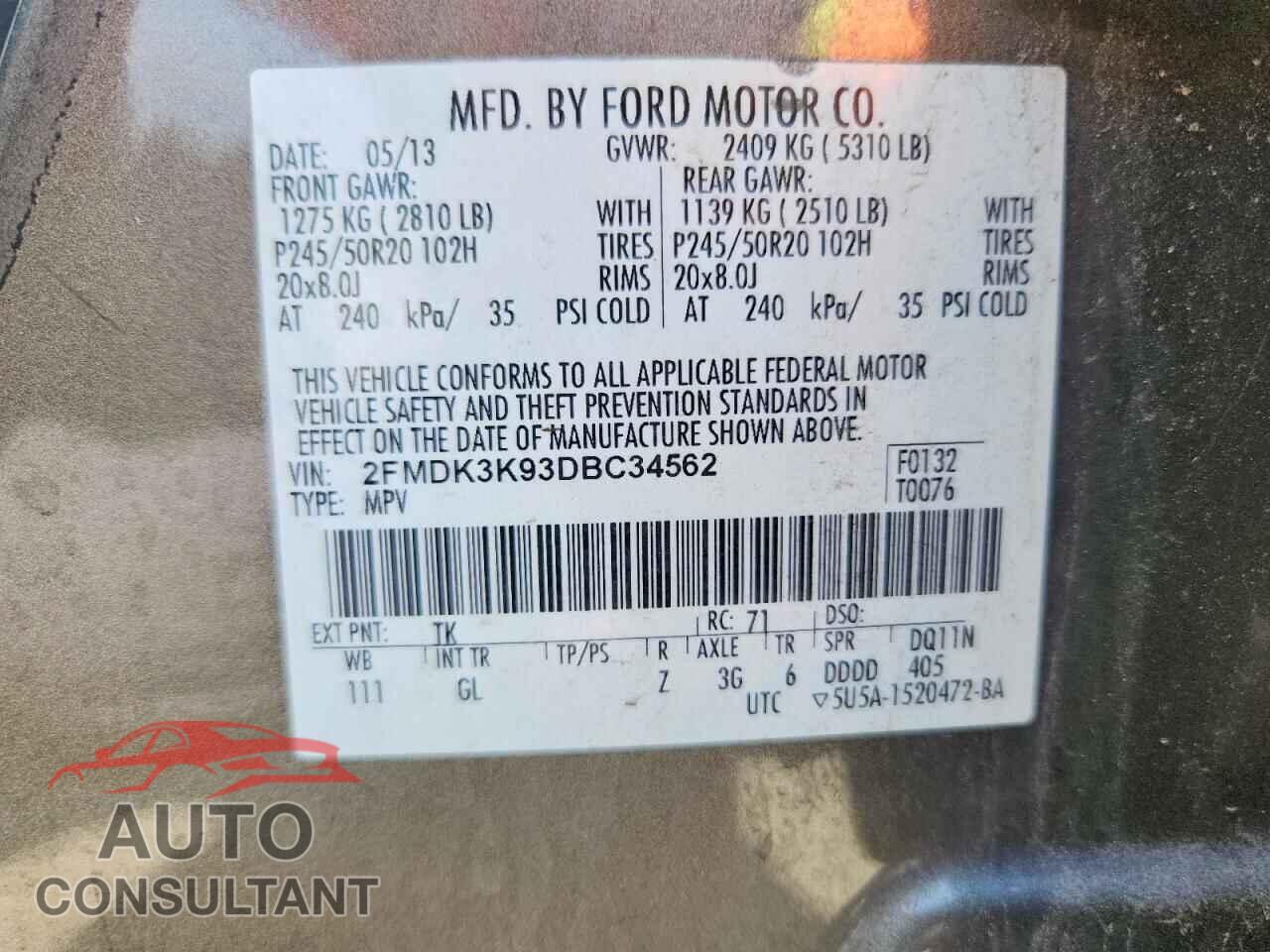 FORD EDGE 2013 - 2FMDK3K93DBC34562