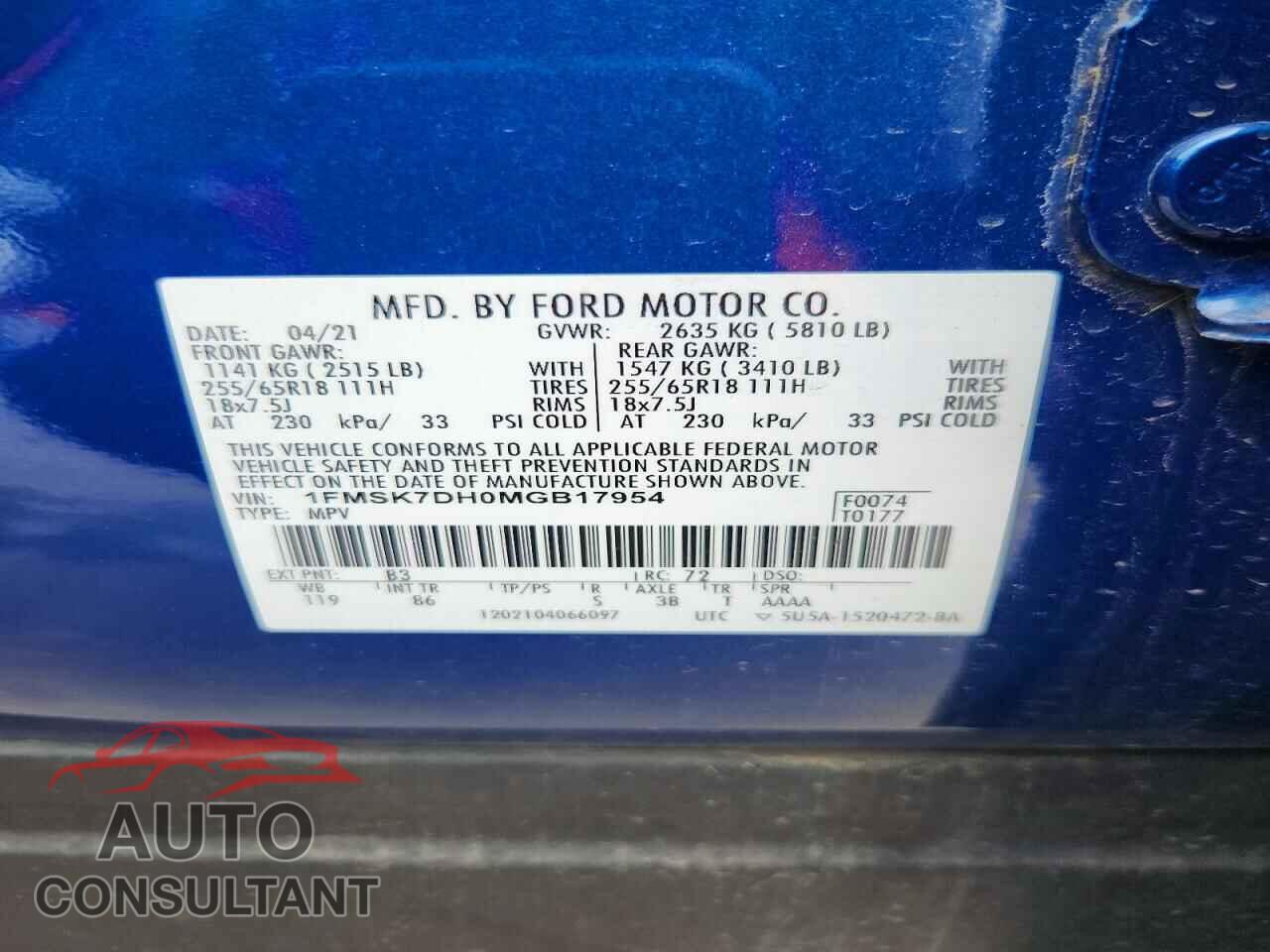 FORD EXPLORER 2021 - 1FMSK7DH0MGB17954