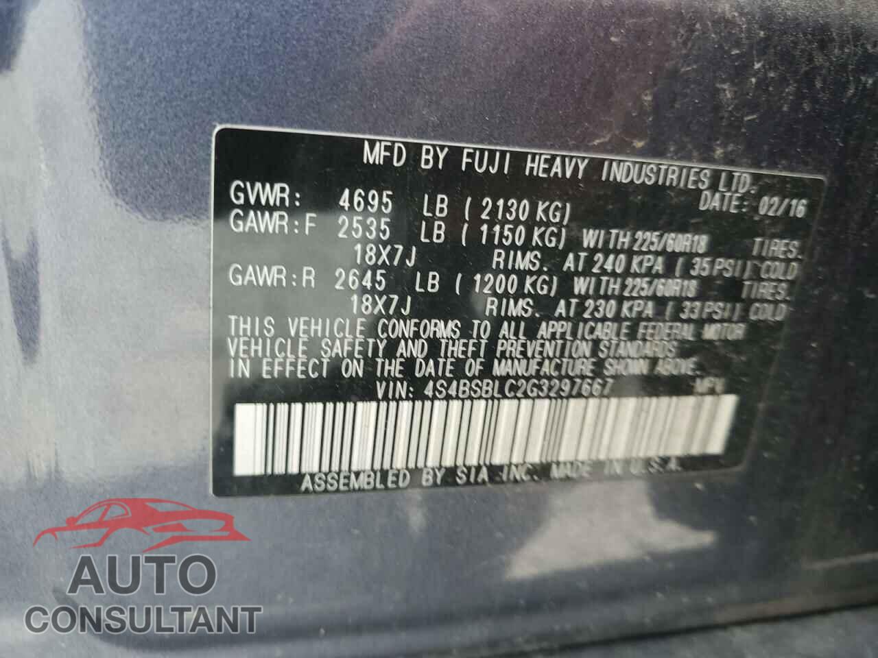 SUBARU OUTBACK 2016 - 4S4BSBLC2G3297667