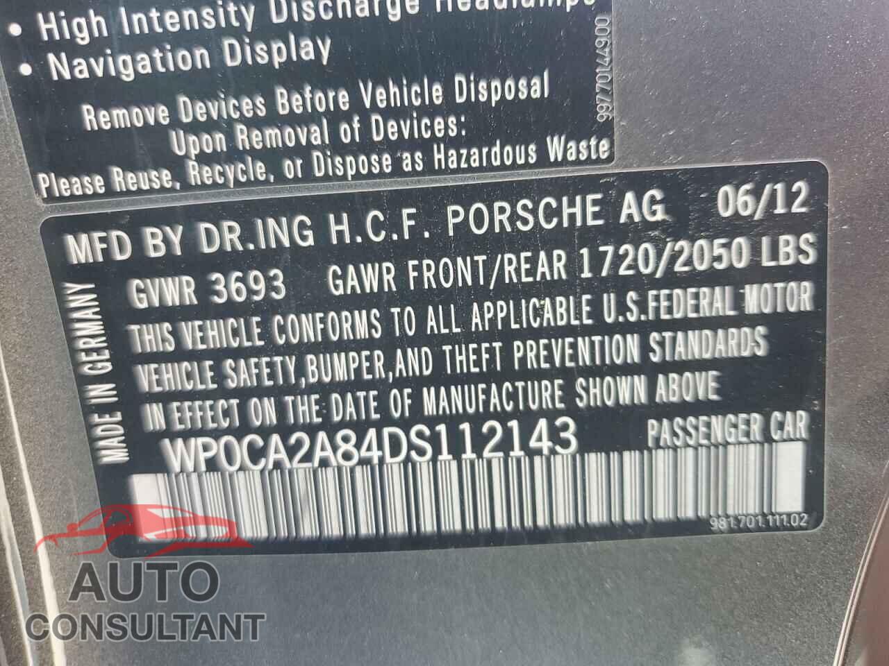 PORSCHE BOXSTER 2013 - WP0CA2A84DS112143
