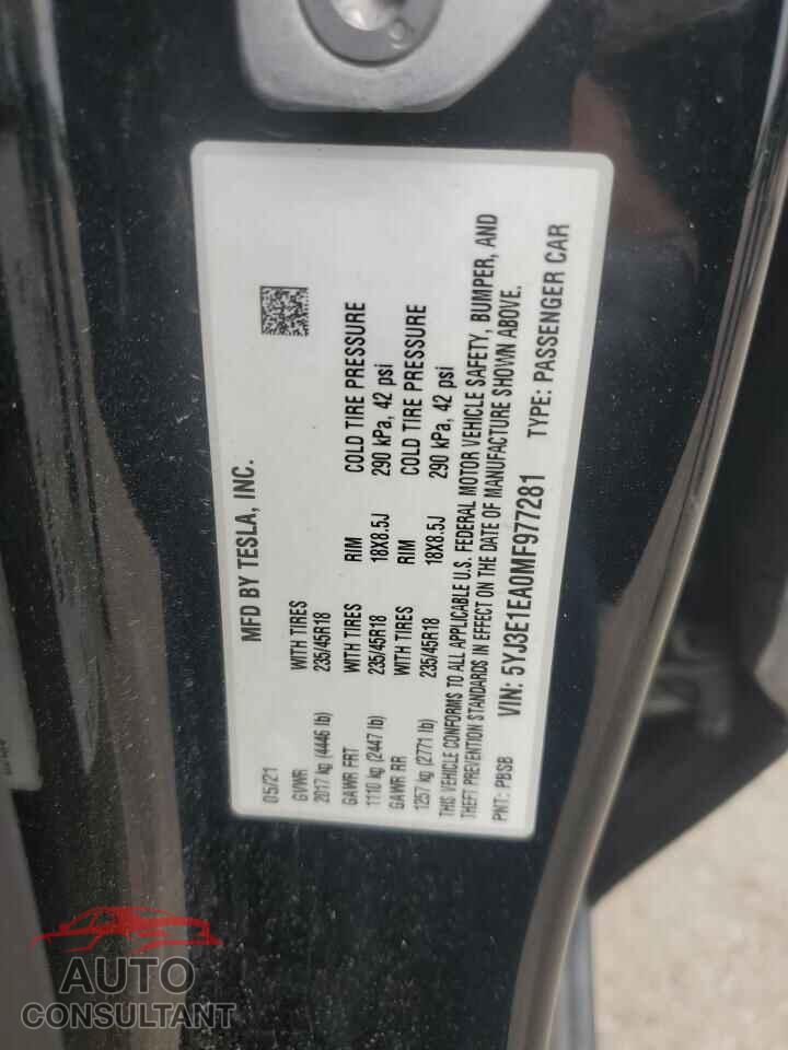 TESLA MODEL 3 2021 - 5YJ3E1EA0MF977281