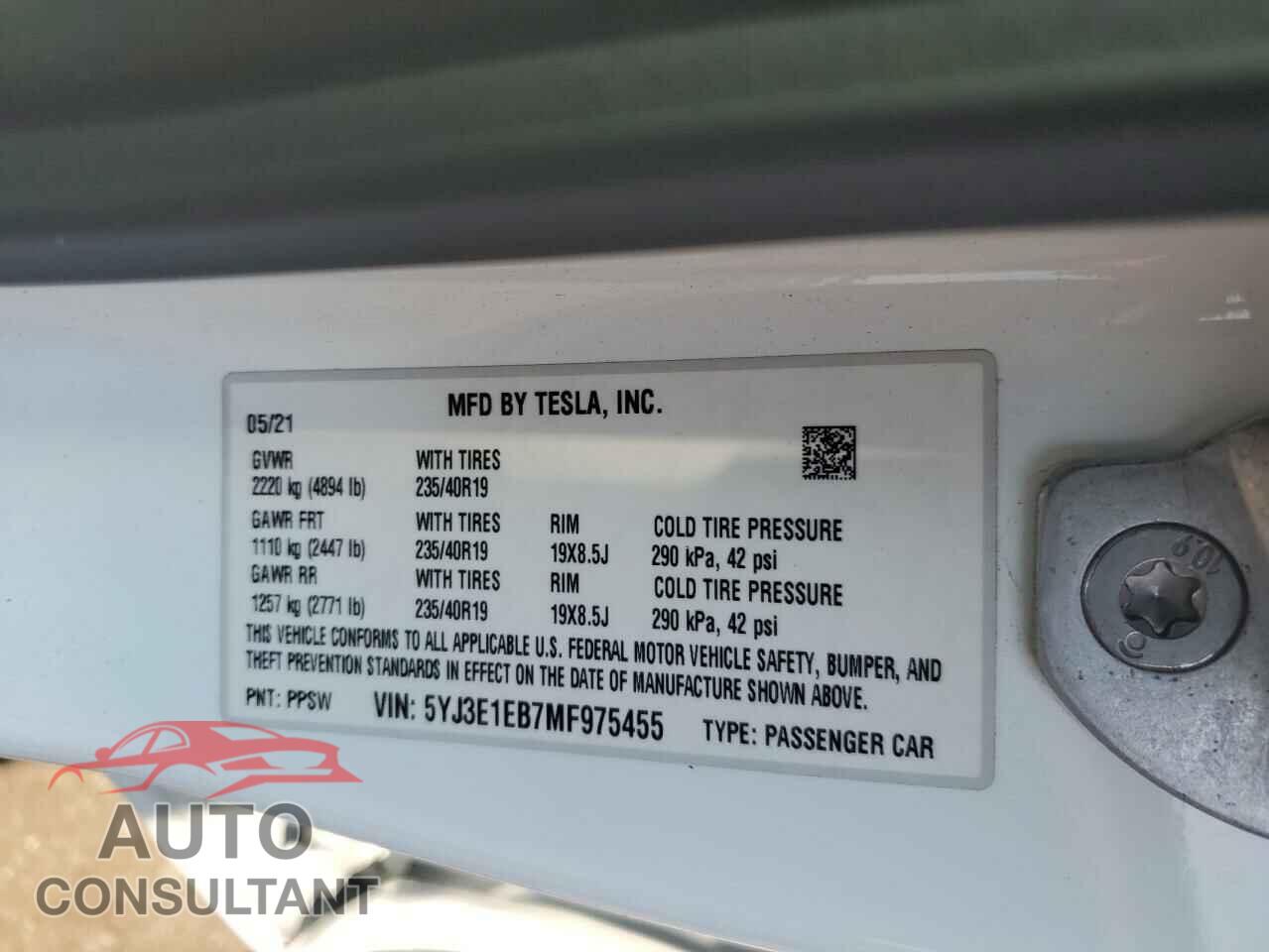 TESLA MODEL 3 2021 - 5YJ3E1EB7MF975455