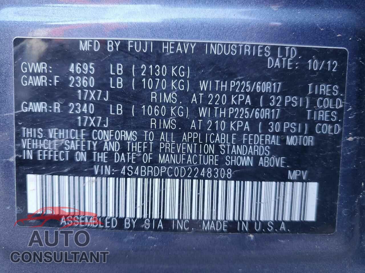SUBARU OUTBACK 2013 - 4S4BRDPC0D2248308