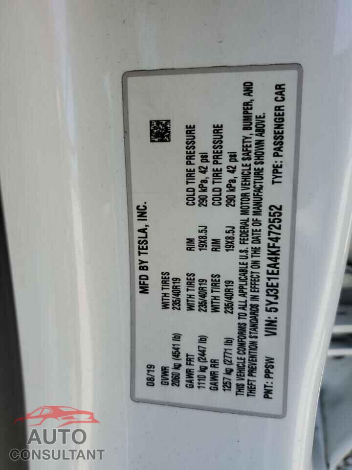 TESLA MODEL 3 2019 - 5YJ3E1EA4KF472552
