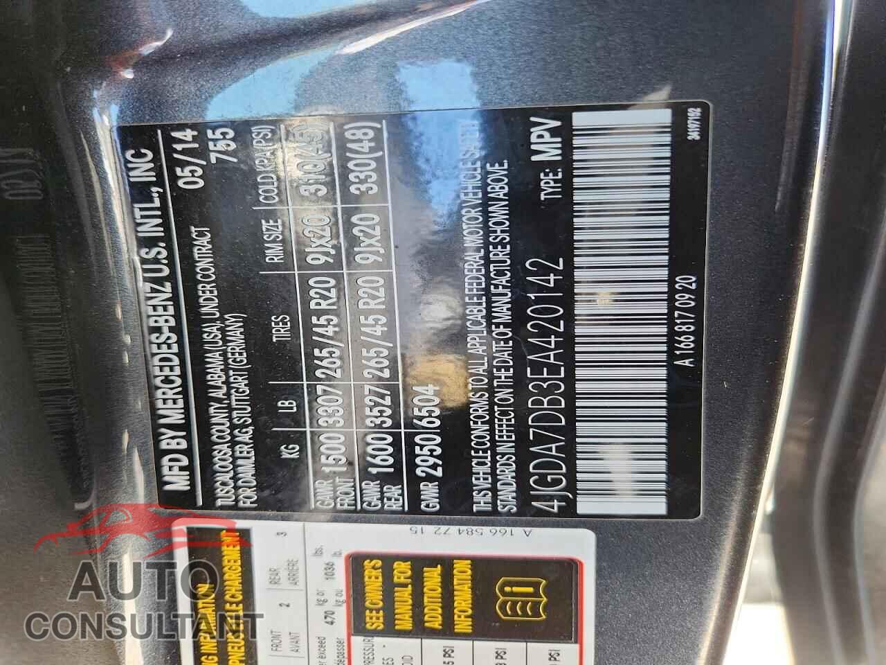 MERCEDES-BENZ M-CLASS 2014 - 4JGDA7DB3EA420142