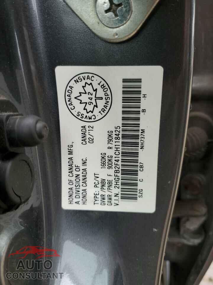 HONDA CIVIC 2012 - 2HGFB2F41CH118425