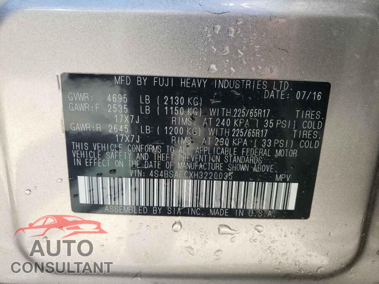 SUBARU OUTBACK 2017 - 4S4BSAFCXH3220035