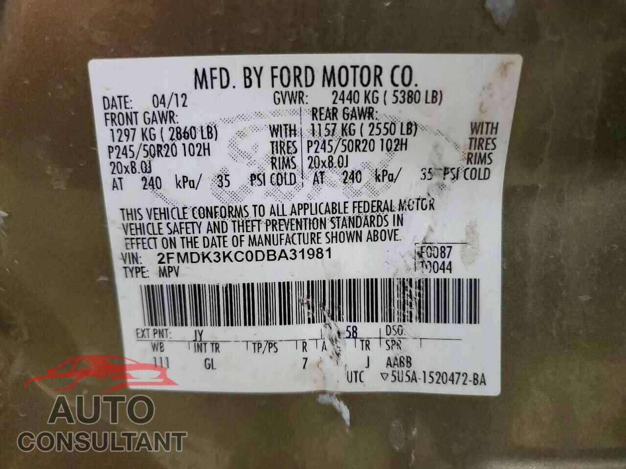 FORD EDGE 2013 - 2FMDK3KC0DBA31981