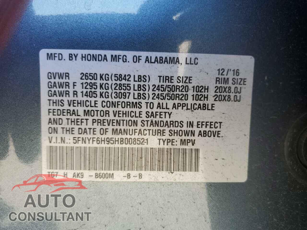 HONDA PILOT 2017 - 5FNYF6H95HB008521