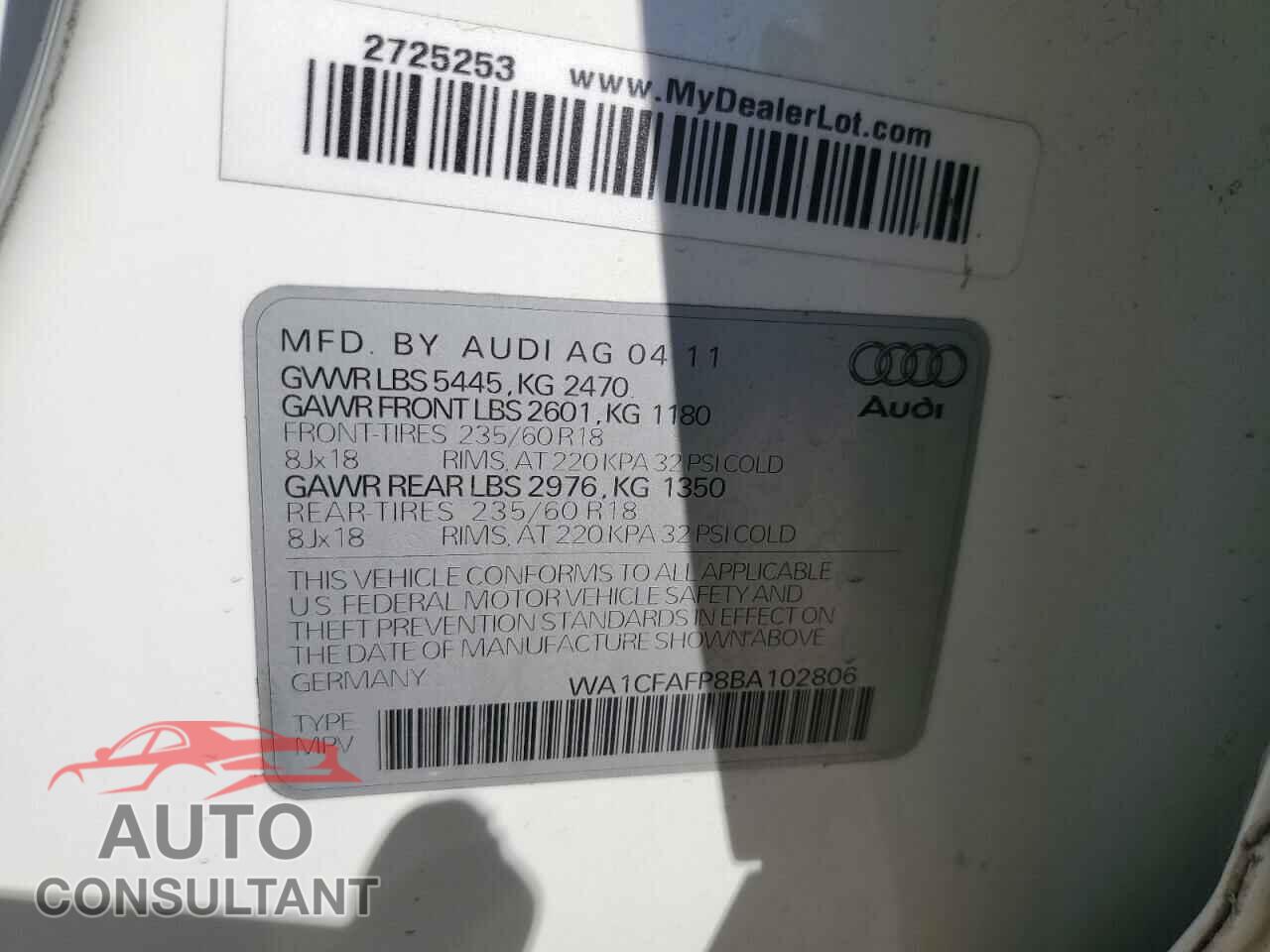AUDI Q5 2011 - WA1CFAFP8BA102806
