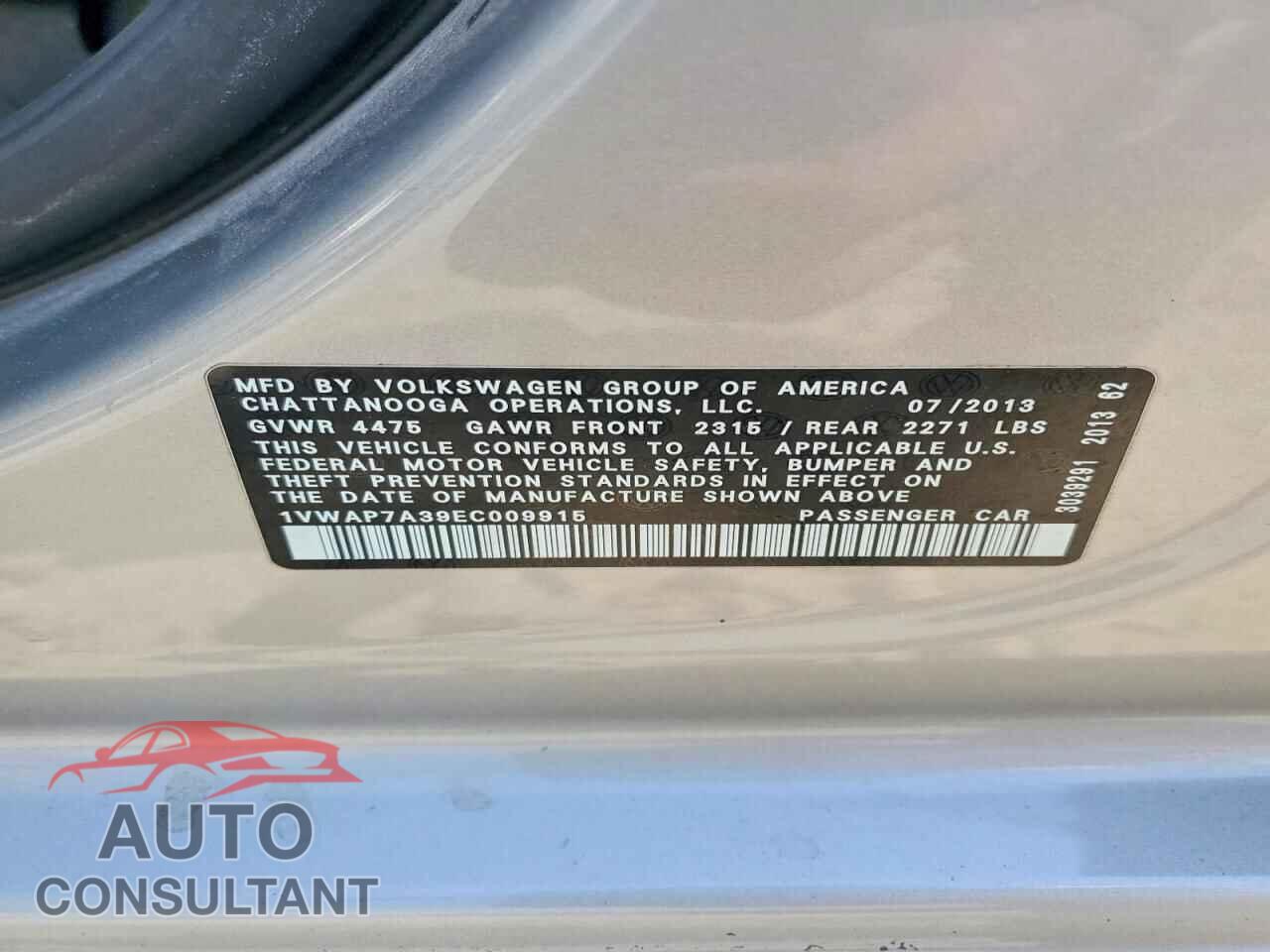 VOLKSWAGEN PASSAT 2014 - 1VWAP7A39EC009915