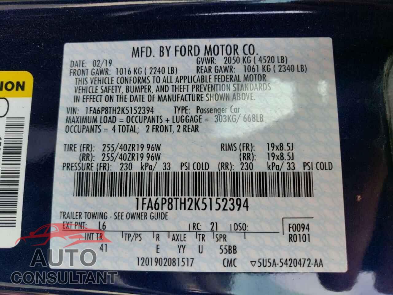 FORD MUSTANG 2019 - 1FA6P8TH2K5152394
