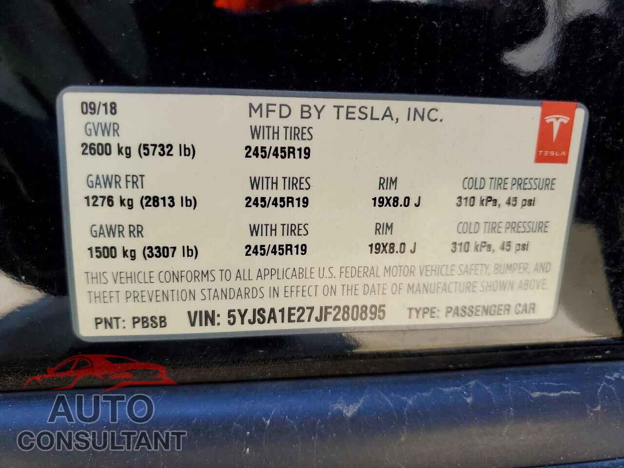 TESLA MODEL S 2018 - 5YJSA1E27JF280895
