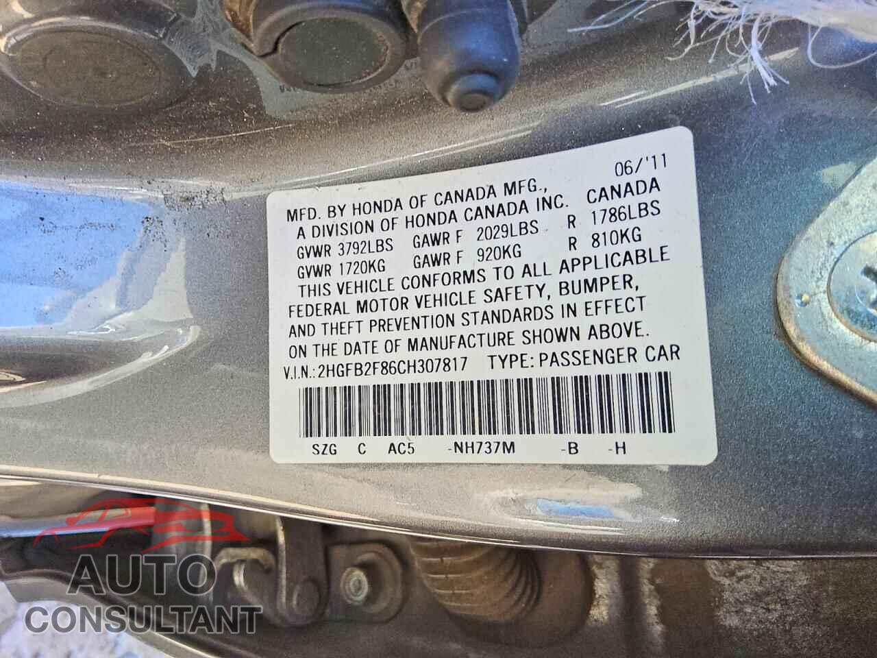 HONDA CIVIC 2012 - 2HGFB2F86CH307817