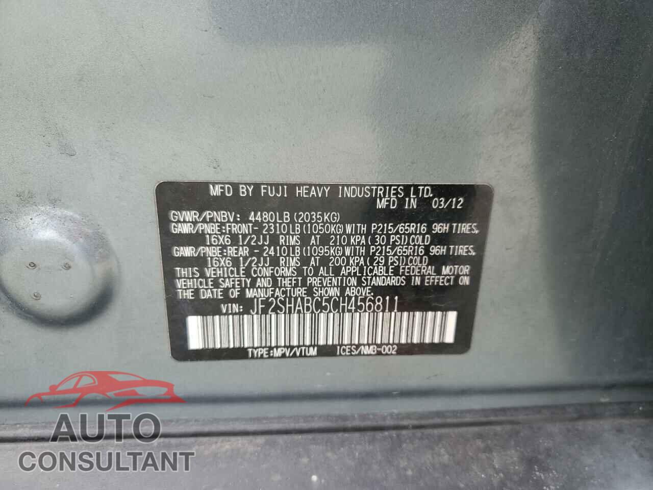 SUBARU FORESTER 2012 - JF2SHABC5CH456811