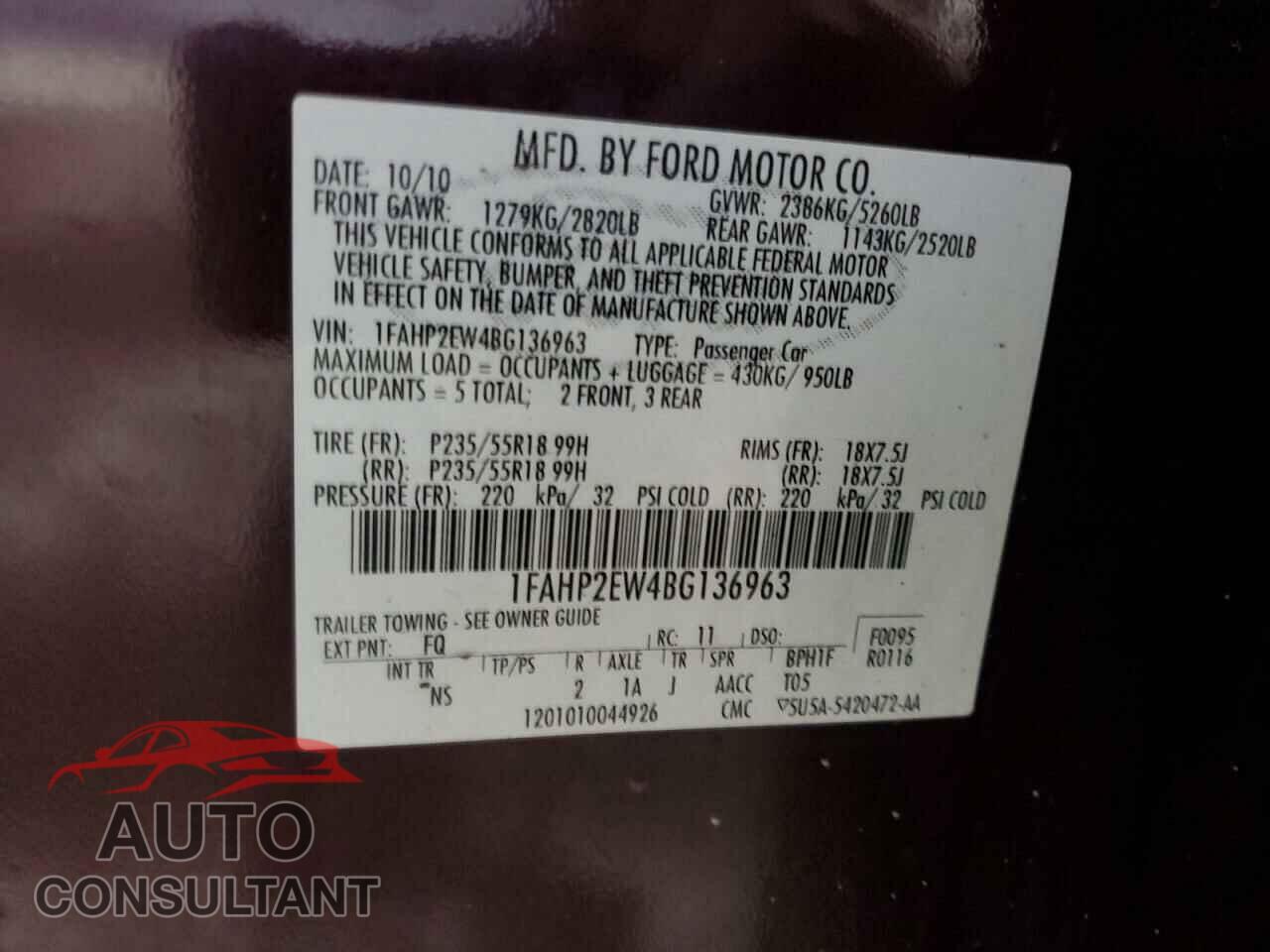 FORD TAURUS 2011 - 1FAHP2EW4BG136963