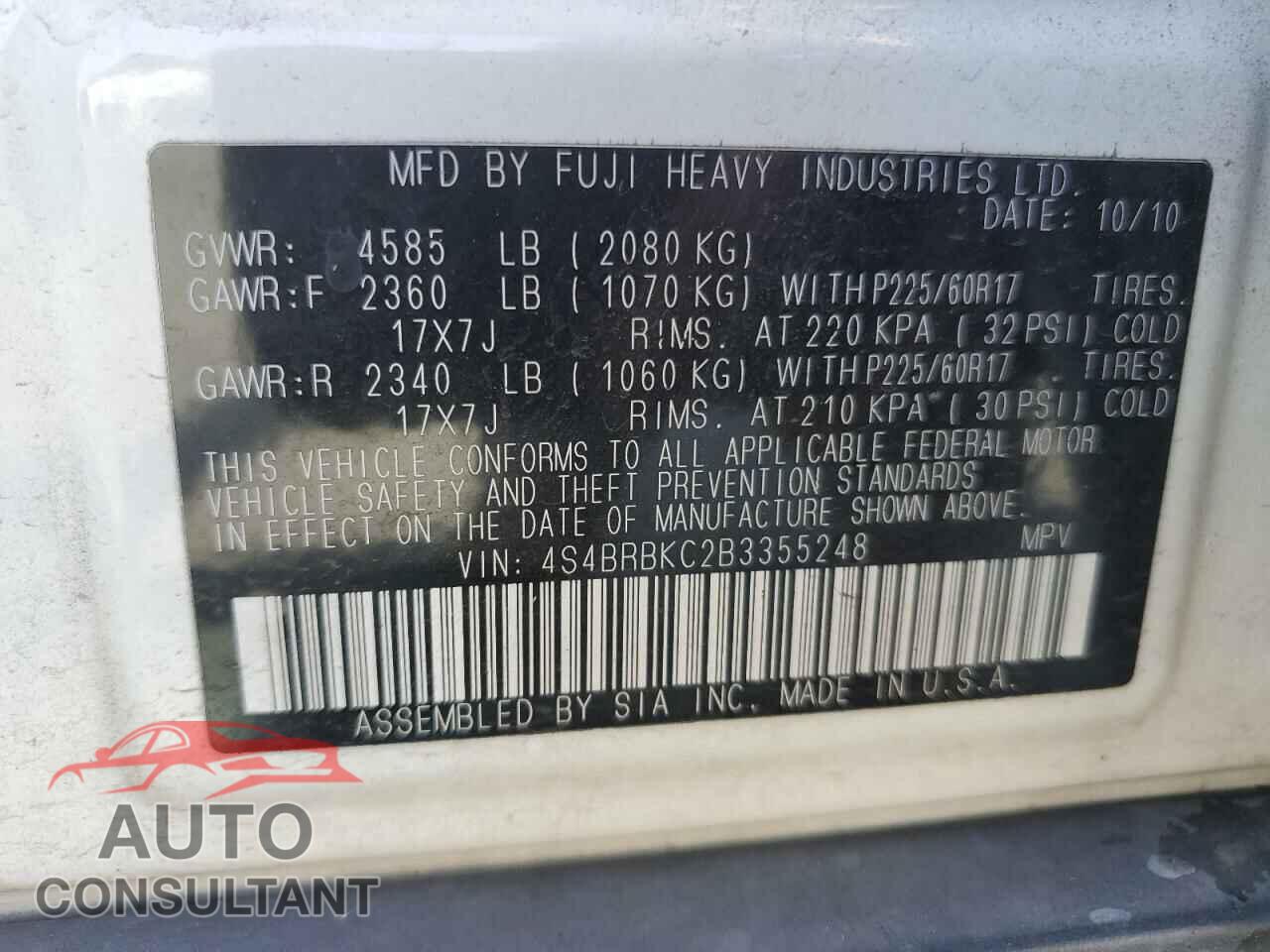 SUBARU OUTBACK 2011 - 4S4BRBKC2B3355248