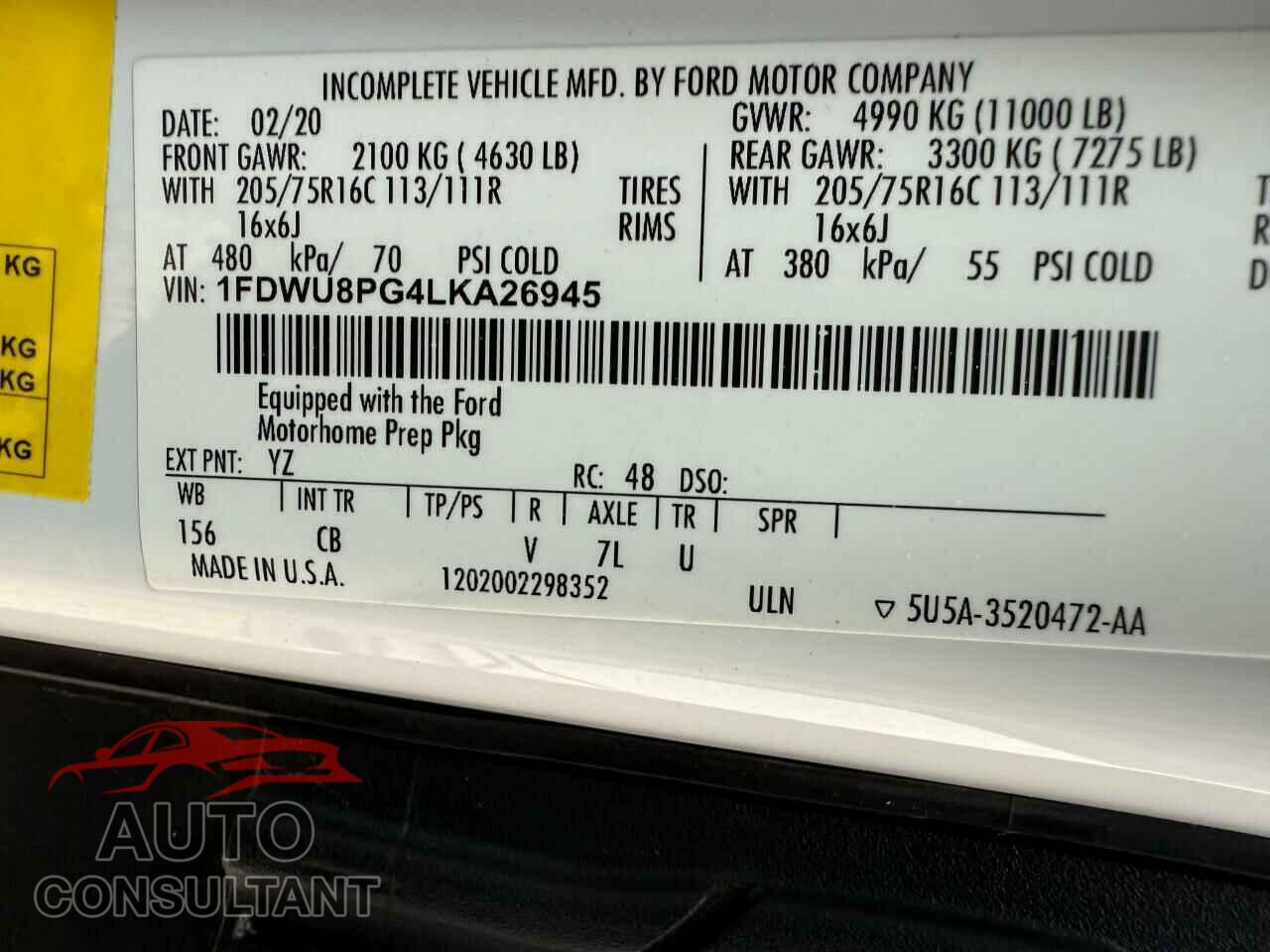 FORD TRANSIT 2020 - 1FDWU8PG4LKA26945