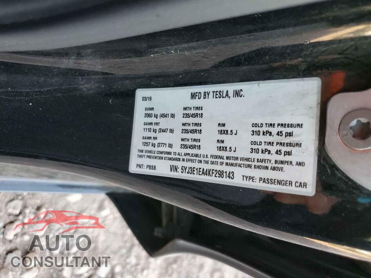 TESLA MODEL 3 2019 - 5YJ3E1EA4KF298143