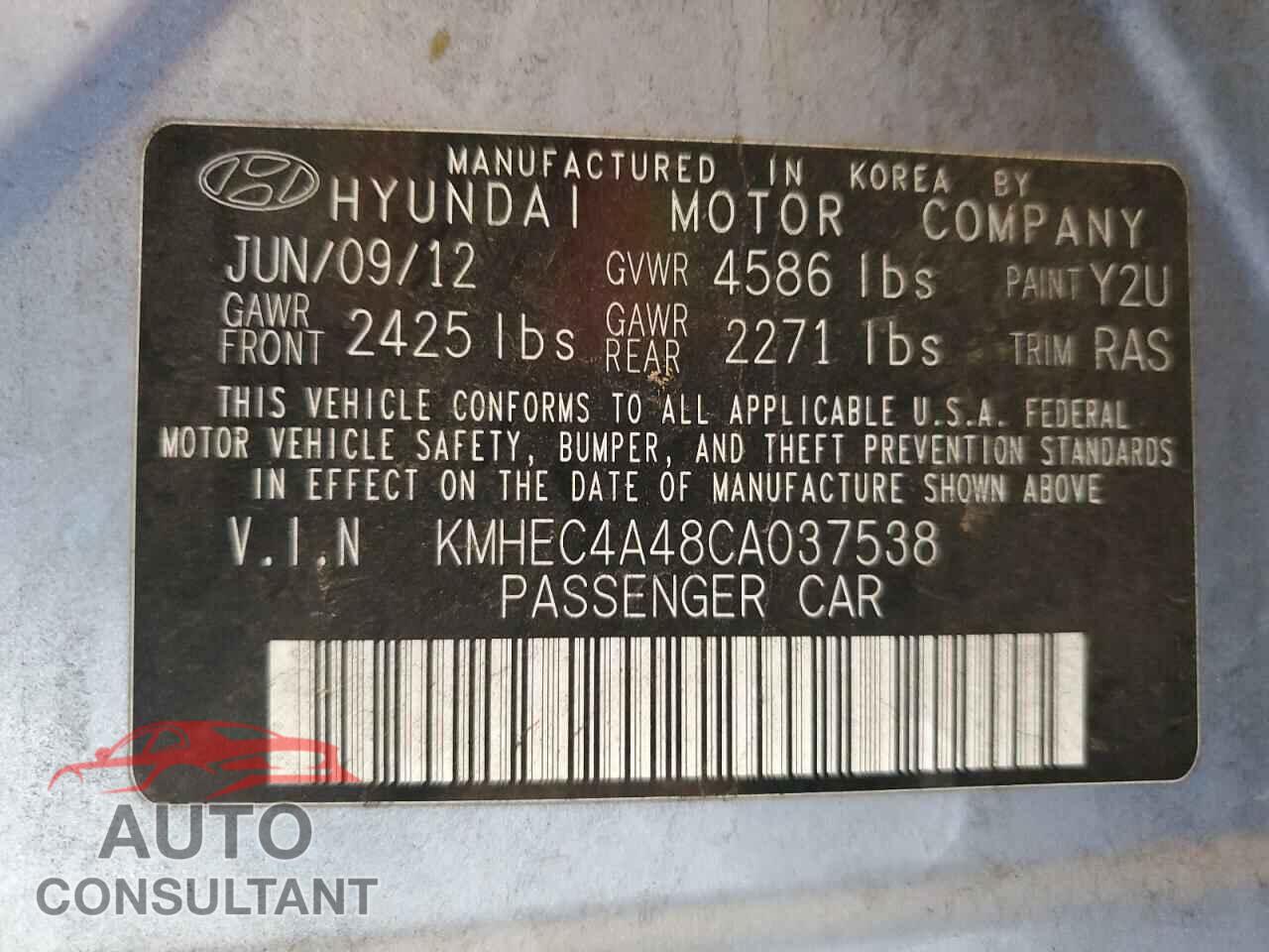 HYUNDAI SONATA 2012 - KMHEC4A48CA037538