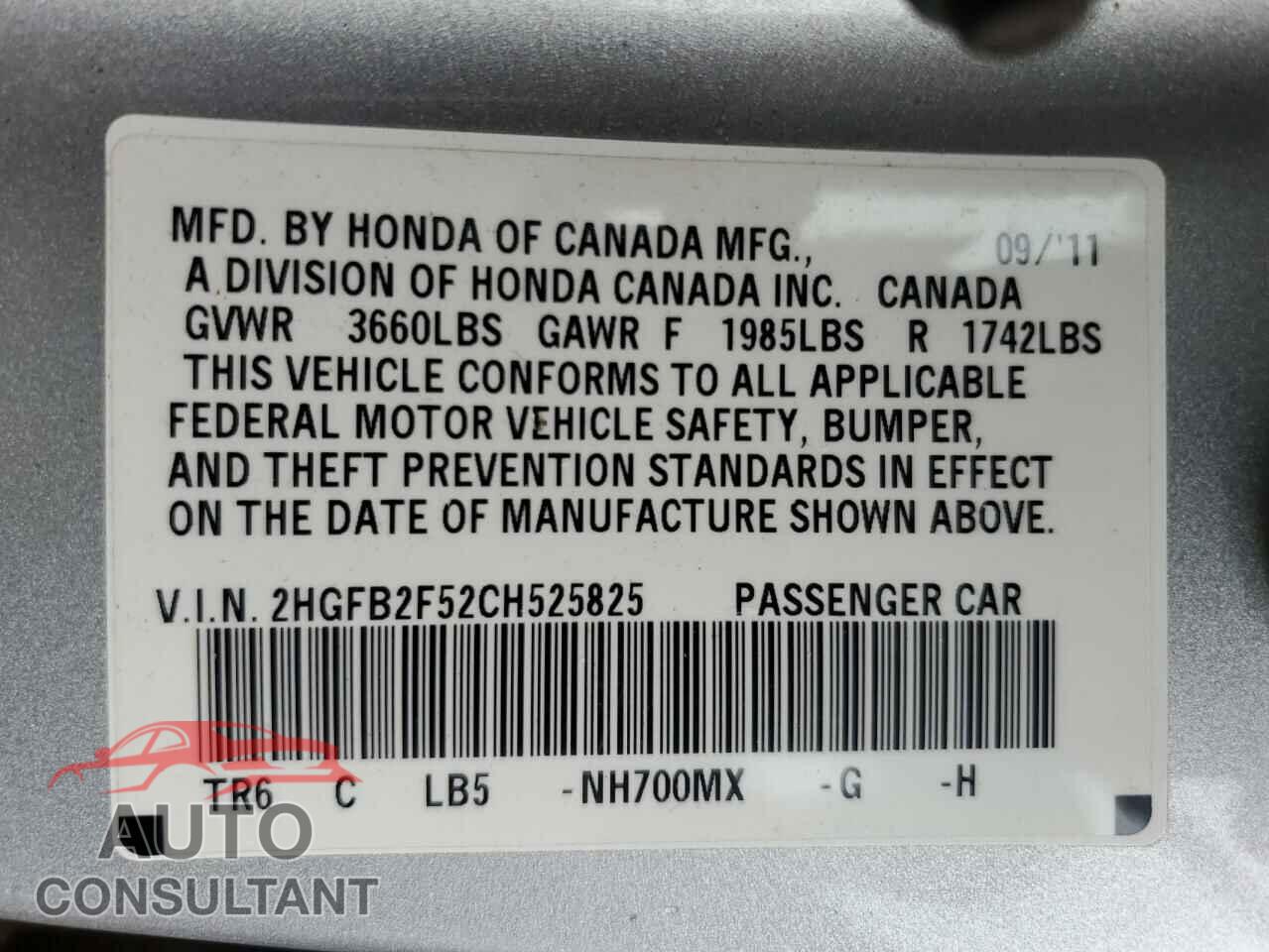 HONDA CIVIC 2012 - 2HGFB2F52CH525825