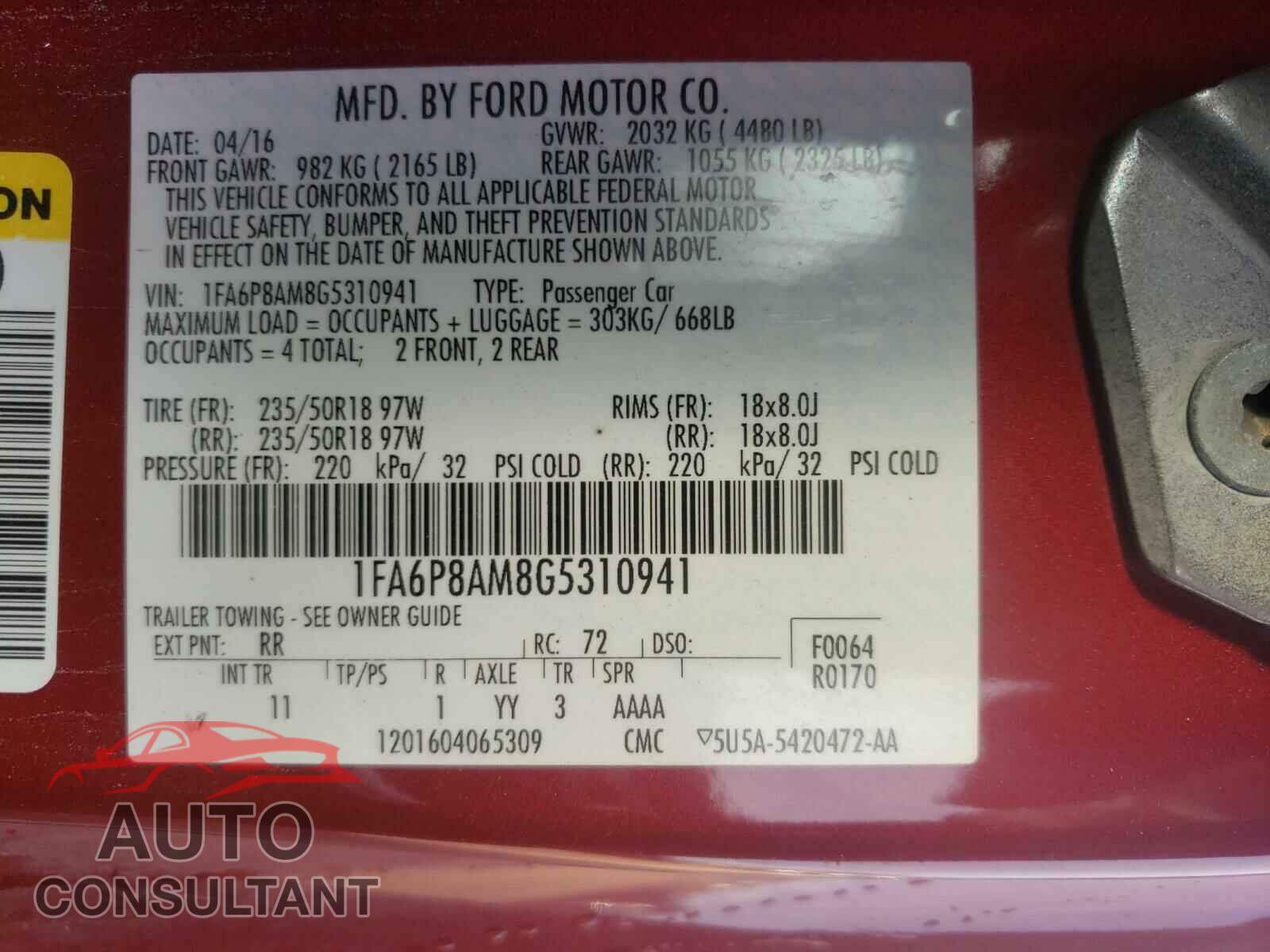 FORD MUSTANG 2016 - 1FA6P8AM8G5310941