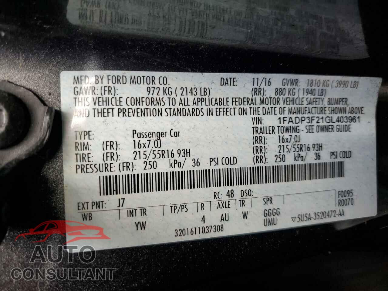 FORD FOCUS 2016 - 1FADP3F21GL403961
