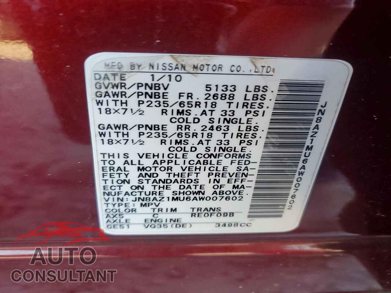 NISSAN MURANO 2010 - JN8AZ1MU6AW007602