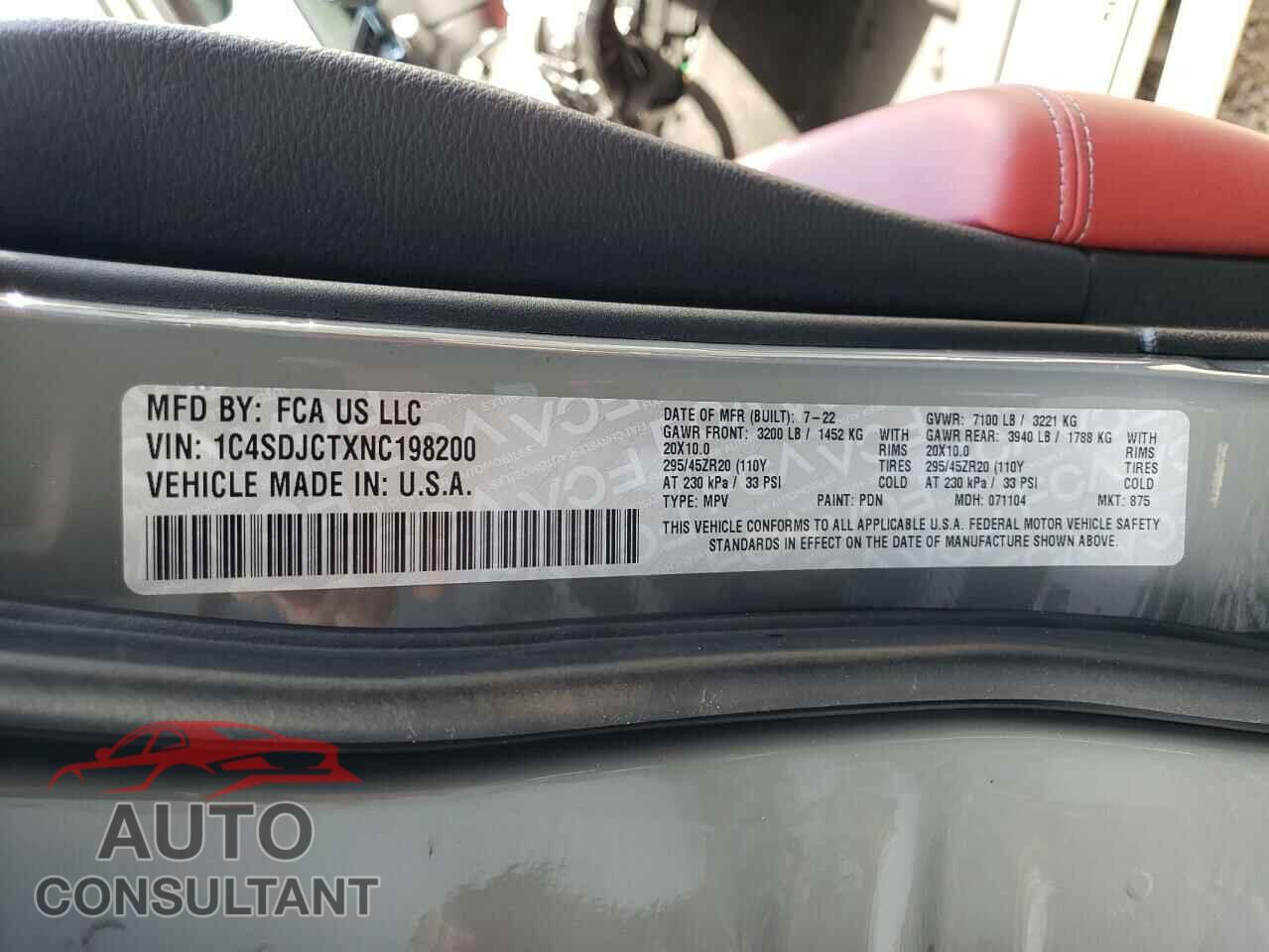 DODGE DURANGO 2022 - 1C4SDJCTXNC198200