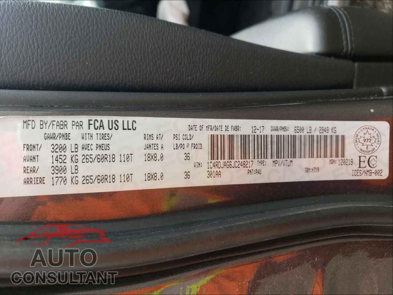DODGE DURANGO 2018 - 1C4RDJAG6JC248217