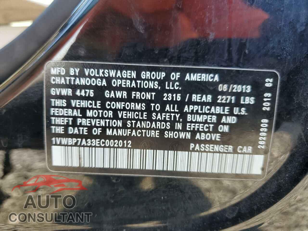 VOLKSWAGEN PASSAT 2014 - 1VWBP7A33EC002012