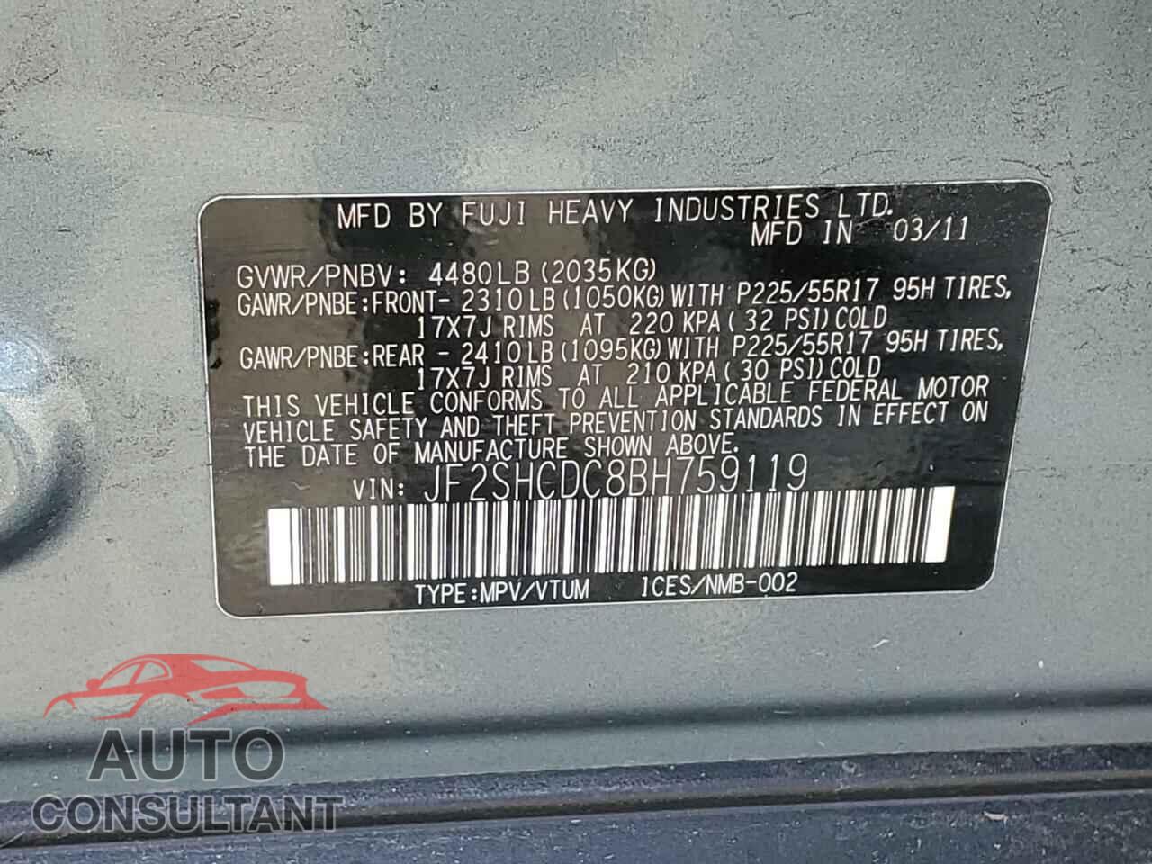 SUBARU FORESTER 2011 - JF2SHCDC8BH759119