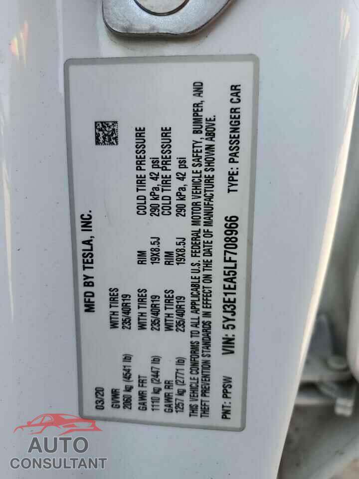 TESLA MODEL 3 2020 - 5YJ3E1EA5LF708966