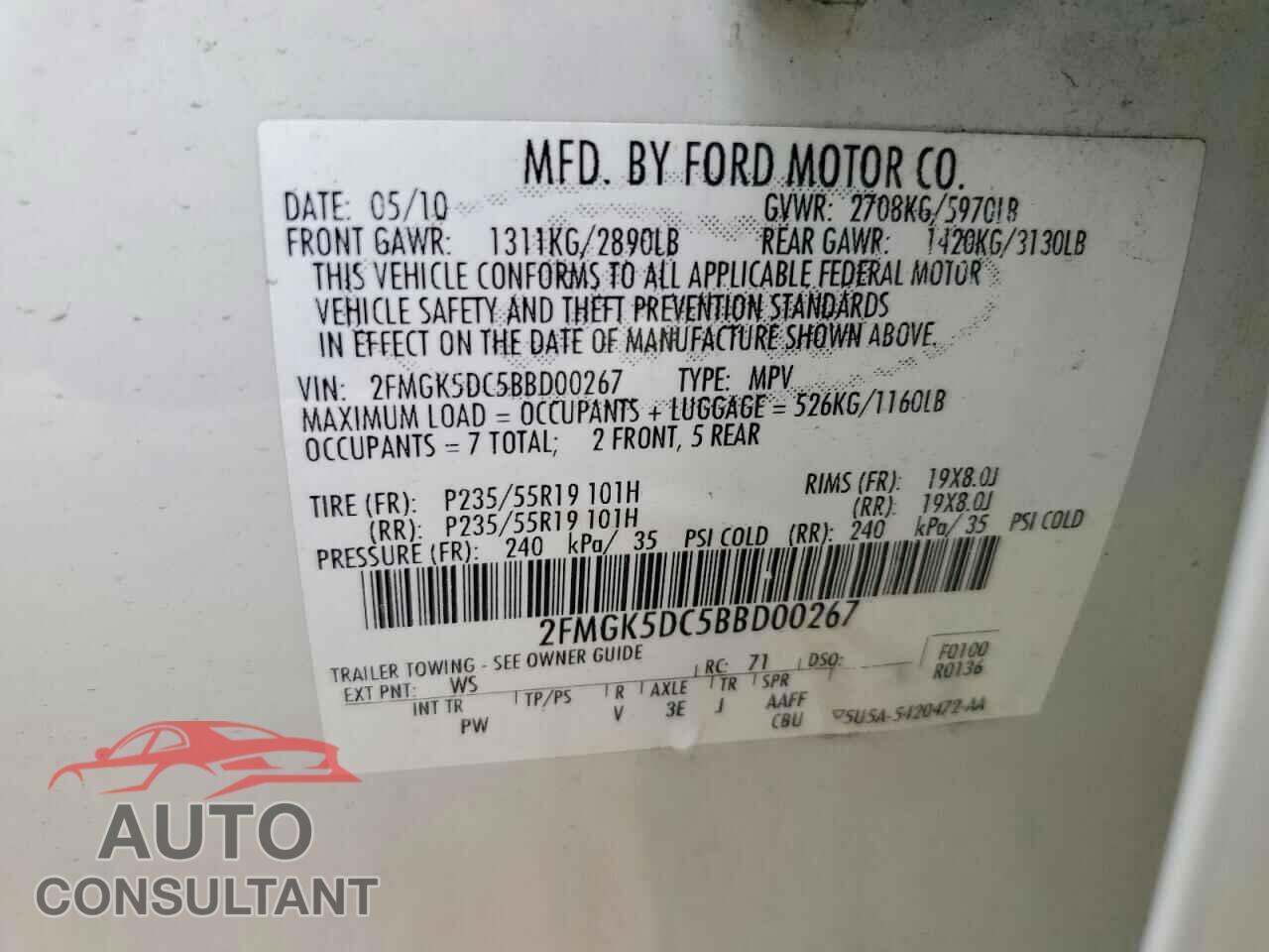 FORD FLEX 2011 - 2FMGK5DC5BBD00267