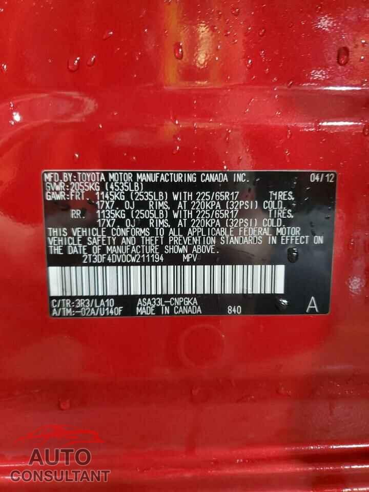 TOYOTA RAV4 2012 - 2T3DF4DV0CW211194