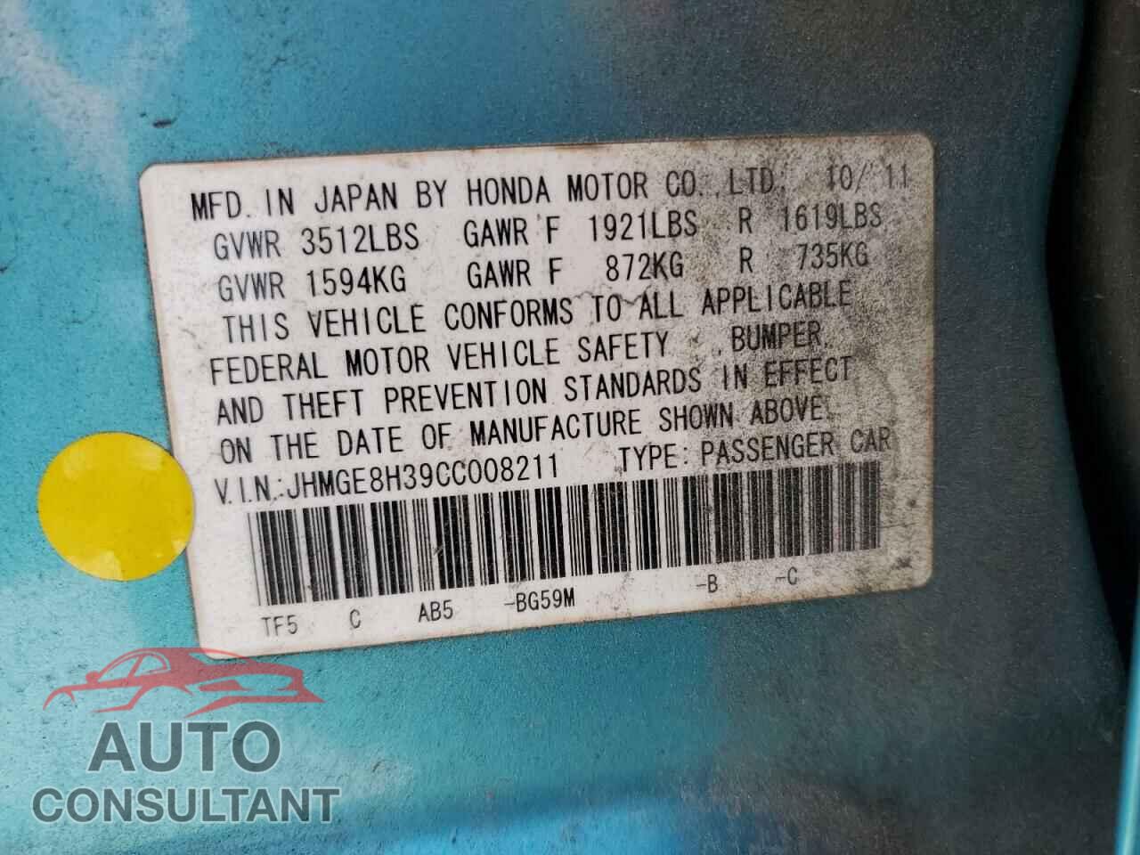HONDA FIT 2012 - JHMGE8H39CC008211