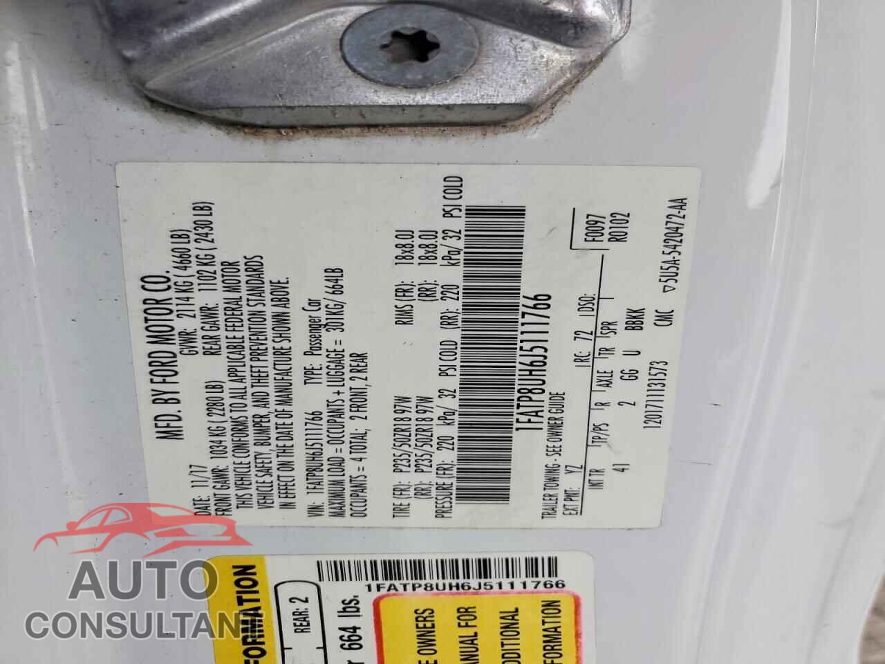 FORD MUSTANG 2018 - 1FATP8UH6J5111766
